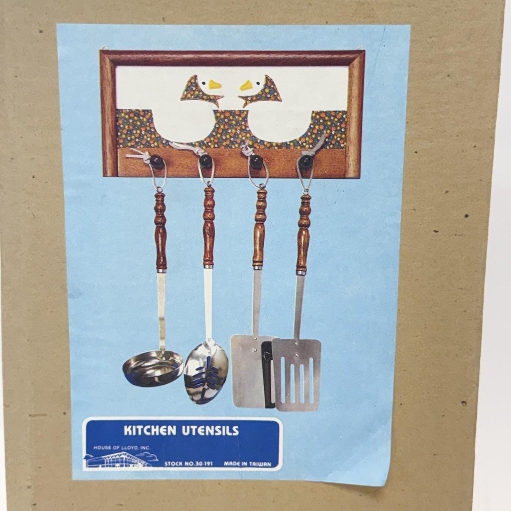 New‎ Vintage House of Lloyd Goose Handing Kitchen Cooking Utensils Rack Set Wood